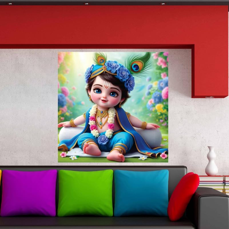 Image of British Terminal Cute little Bal Gopal Baby God Krishna| Kanha Ji | Laddu Lord Makhan Chor Painting Religious Poster for Pregnant Women for wall (matt thin vinyl,sticker,multicolor,unframed)| bj35