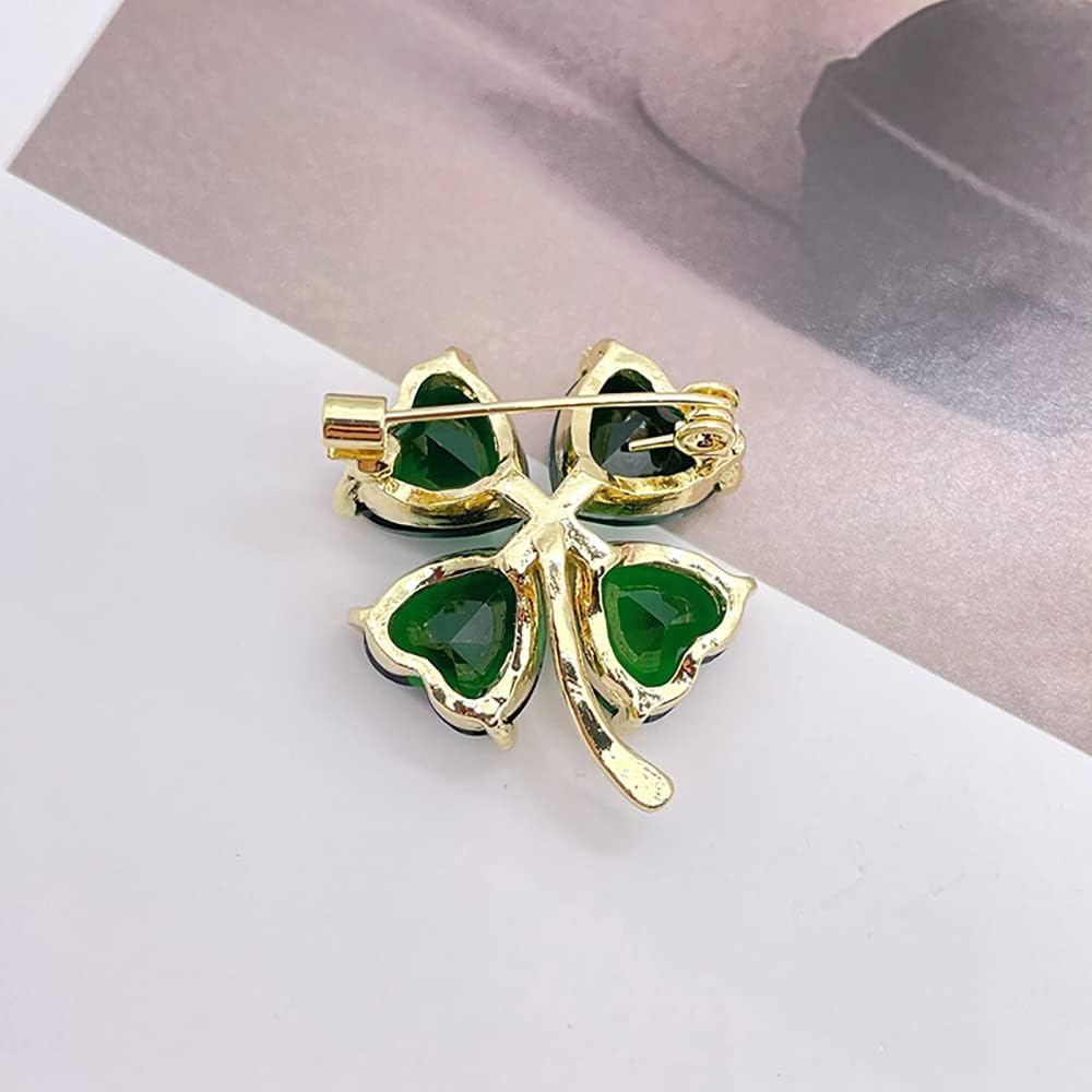 Crystal Green Clover Brooch Pin for Women Girls Rhinestone CZ Lucky Four Leaf Irish Shamrock Lapel Pins Brooches St Patrick's Day Holiday Party Decor Dress Accessories Jewelry Gifts