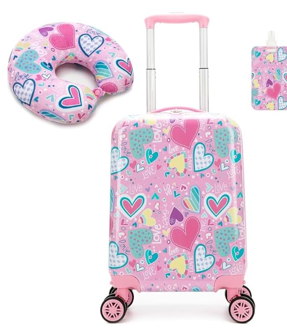 Image of Kids Luggage with Spinner Wheels Carry on Suitcases for Girls 2 Piece Luggage Sets 16 inch Toddler Suitcase for Kids Rolling Suitcase Airline Approved (Pink Heart)