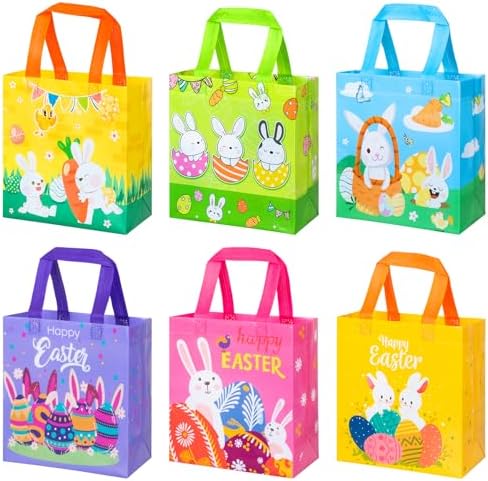 GOMANCHE Easter Egg Hunt Bags with Handle, 6 Pcs Non-Woven Easter Tote Bag, Reusable Exchange Gift Wrapping for Kids, Bulk Goodie Bag for Spring Party Favors Supplies