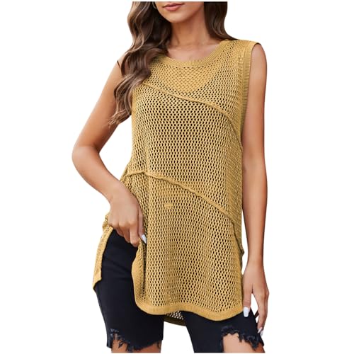 Sweater Tank Tops for Women Crochet Cutout Tunic Tops Fashion Sleeveless Crewneck Knitwear Vest Blouse Tops