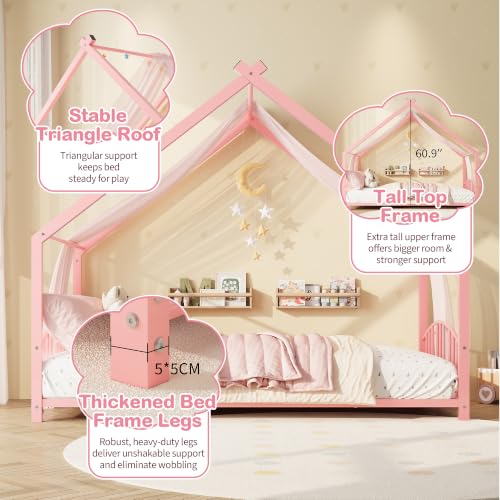 Image of Garvee Twin Size House Shape Bed Frame with Rail, Pink