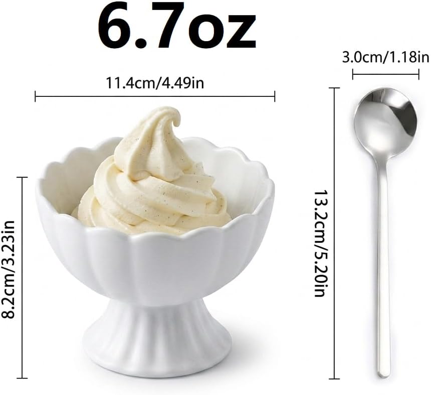 Ceramic Ice Cream Bowls, Set of 4, Footed Dessert Bowls with Spoons