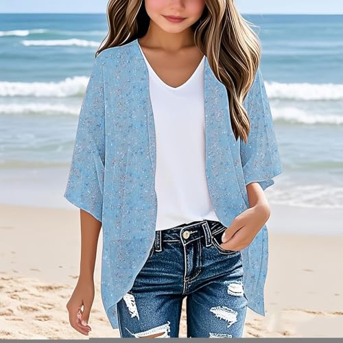 Lightweight Cardigan for Big Kids 2025 Fall Graphic Printed 3/4 Sleeve Open Front Comfy Vacation Shrugs 3-14 Years2