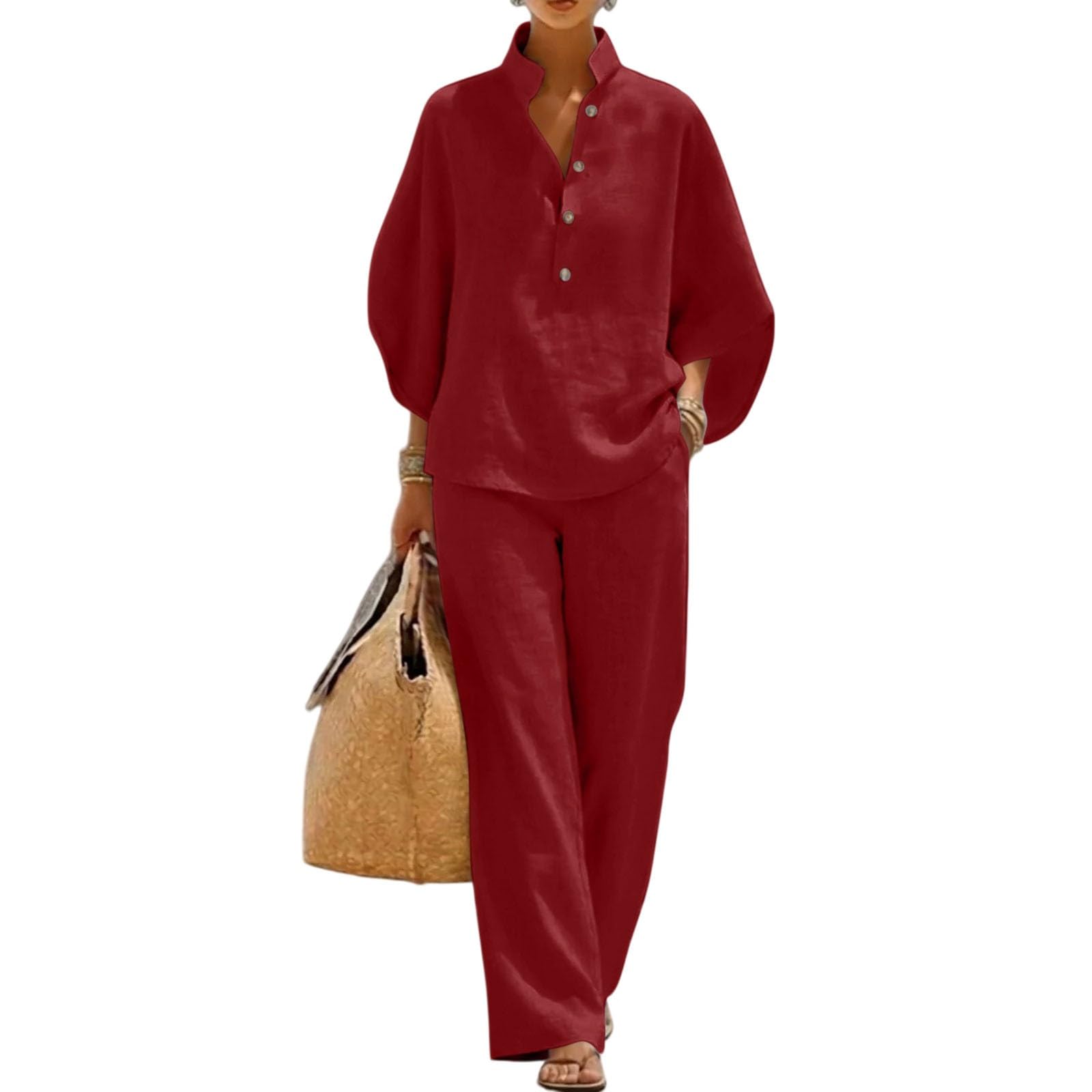 Summer Co Ord Ensembles 2 pièces en coton et lin avec col en V et manches 3/4 Pantalon large avec poche