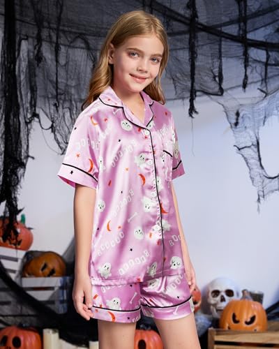 MyFav Girls Pajama Set Short Sleeve Button Down Silky Satin Girls PJS Kids Sleepwear Summer Nightwear Loungewear Set4
