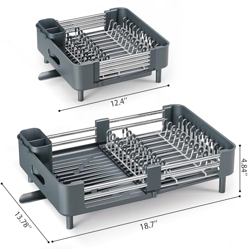 Image of Urackify Stainless Steel Dish Drying Rack - Dish Drainer for Kitchen Counter, Extendable Drainboard with Foldable, Space-Saving Cup & Bowl Organizer, Includes Knife and Utensil Holder, Matte-Green