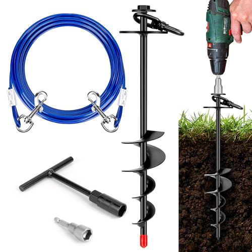 HEPFLANZE Dog Tie Out Stake, Heavy Duty 360°Swivel Dog Outside Lead Cable, Screw in Spike Auger Ground Stake Anchors with Power Nut Drill Bit, T Wrench and Leash, for Yard Camping Beach