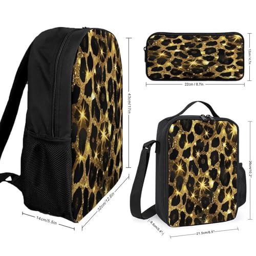 Gold Black Glitter Leopard Print Backpack Set 3 Pieces Backpacks Lunch Bag Wallet For Travel Outdoor Sports2