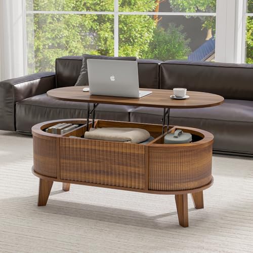 LYNCOHOME Fluted Lift Top Coffee Table with Hidden Compartment, Modern Oval Coffee Table for Living Room, Home Office,(Walnut)