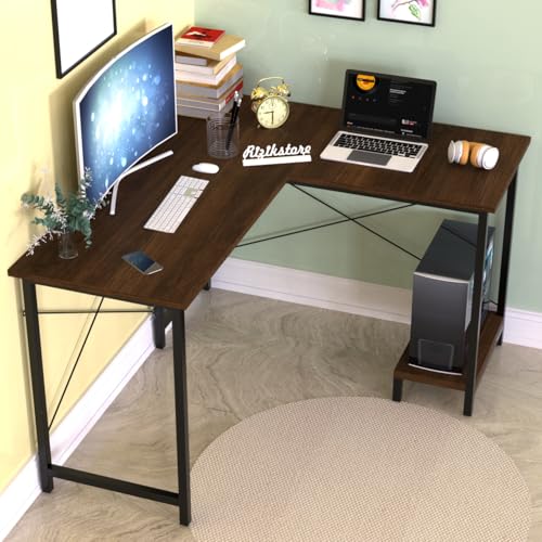 Image of RIZIK STORE L-Shaped Computer Desk | 50-Inch Corner Gaming & Study Table with Engineered Wood Top, Metal Frame & CPU Shelf | Writing Workstation for Bedroom, Office & Small Rooms (Brown)
