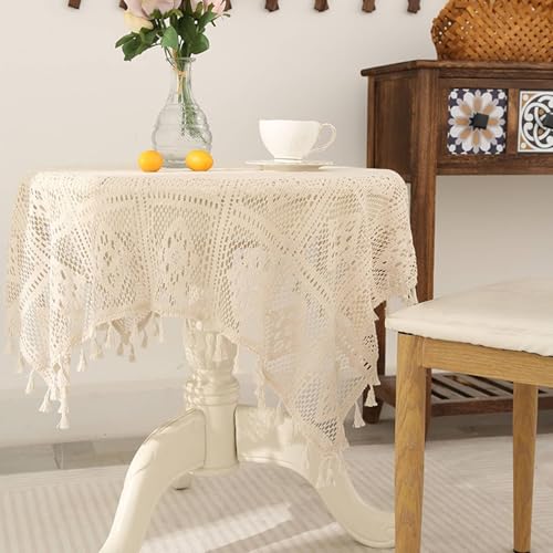 COUIVQA Mantel Rectangular de poliéster para Comedor, con Encaje de celosía y borlas, para Cocina, Interior y Exterior (Beige, 89 cm de Largo x 89 cm de Ancho)