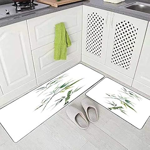 Sertiony 2 Pieces Rug Area Rug Kitchen Modern Kitchen Rug Bamboo Leaves Branches Watercolor White Background 17"X48"+17"X24" Kitchen Rugs Non Skid Washable Cover