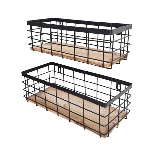 Metal wire basket detachable wood base storage organizer farmhouse small bins for kitchen cabinets bathroom pantry laundry room closets set of 2black color  urban country home decor