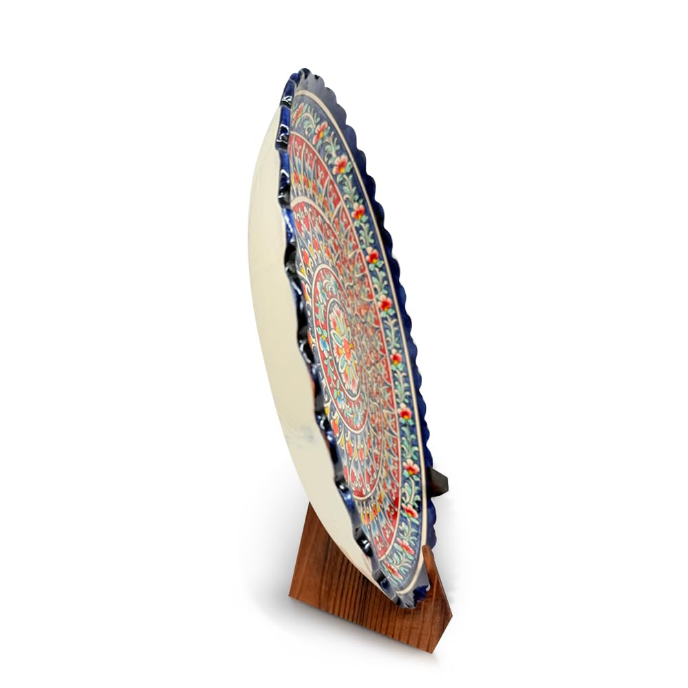 Orientalischer Lagan 37 cm Teller KaraKalam Ляган - Handgefertigte Rischtan Keramik Platte – Usbekische Servierplatte handbemalt – Edles Design für Plov & Beilagen