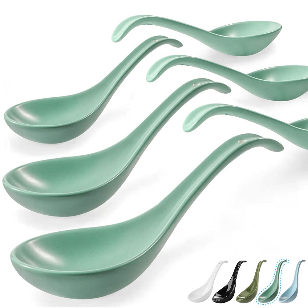 Artena 6.75 inch Solid Asian Soup Spoon Set of 6,Ultra-fine Porcelain Japanese Soup Spoon, Ramen Spoons for Pho Noodles Miso, Chinese Soup Spoons -Teal