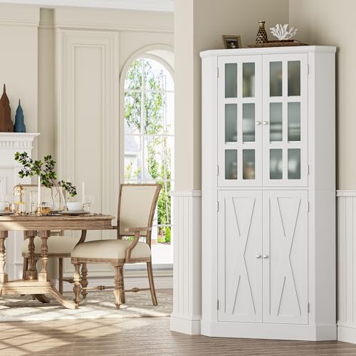 BOTLOG 67' Corner Cabinet, Corner Kitchen Pantry with Doors, Farmhouse Kitchen Cabinet with 6 Storage Shelves, Space Saver for Bathroom, Living Dining Room, White