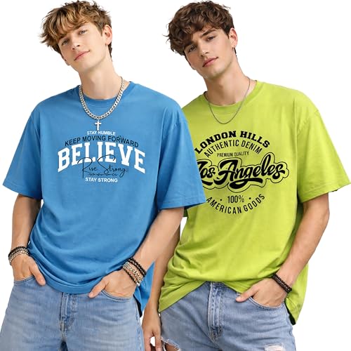 Image of London Hills Printed Cotton Blend Half Sleeve Oversized Men Round Neck Tshirts | T Shirt for Man | Tshirt | Shirts Men | Tshirt for Man | T-Shirt | Pack of 2