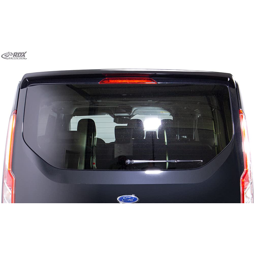 Spoiler posteriore RDX Racedesign per Ford Tourneo Custom & Transit Custom 2012-2018 & FL 2018- (con portellone) in poliuretano nero, pronto per la verniciatura