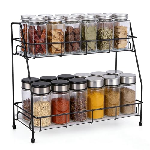 Mokaskaidj Especieros para Cocina, 2 Niveles Metal Organizador Especias, Spice Rack Multiusos, Organizador Especias Cocina, Estantería Cocina para Encimera, Práctico Compacto Baño Almacenamiento