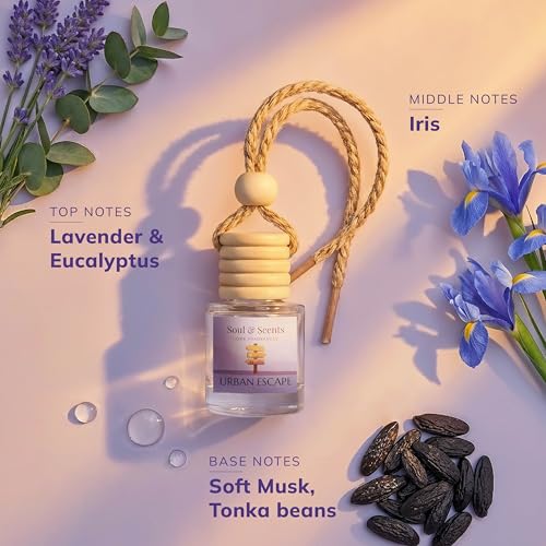 Image of Soul & Scents 16ml Luxury Car Perfume - Urban escape | 2-in-1 Hanging Pod & AC Vent Air Freshener | Car Fragrance Accessory | Premium Glass Bottle with Wooden Cap | Last up to 30 Days | Pack of 2