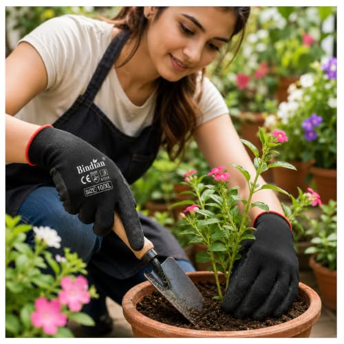Image of Bindian Gardening Gloves for Men & Women | Heavy Duty Garden Gloves for Home Gardening, Farming & Agriculture | Durable Hand Gloves for Digging, Weeding, Planting & Outdoor Work (2 Pair Black)