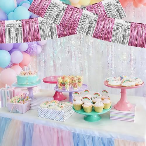 Image of BEISHIDA 3 Packs Metallic Foil Fringe Garland Pink Silver Wall Hanging Tinsel Fringe Banners for Car Floats Birthday Baby Bridal Shower Wedding Graduation Holiday Party Decoration(30 Feet)