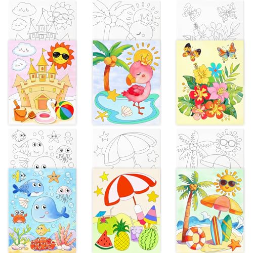 WorldBazaar Pre Drawn Canvas to Paint 6 Pack Pre-Printed Canvas 10 x 8 Summer Outlined Painting Boards for Beginners Party Favor Classroom Kids Boys Girls Student School Gifts Bulk