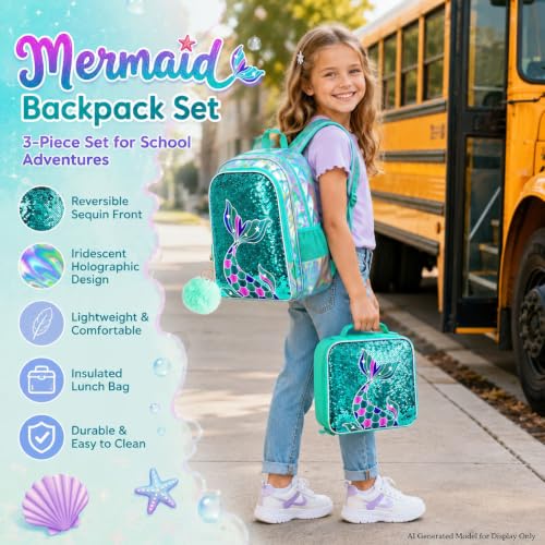 Image of 16 inch Mermaid Backpack for Girls, 3Pcs Sequin Fish Tail School Backpacks Set for Elementary Preschool Kindergarten, Kids Bookbag with Lunch Box (Green)