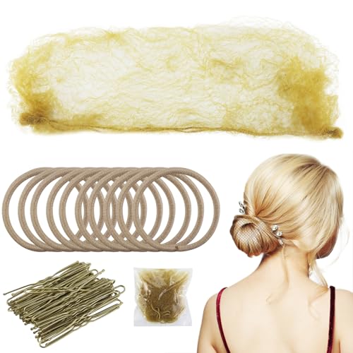 32 Stück Haarnetz Bun blond, blonde unsichtbare Haarnetze, Haarnetz mit elastischem Rand mit 40 Stück Haarnadeln & 12 Stück Haarbändern, für unsichtbaren Bun für Frauen