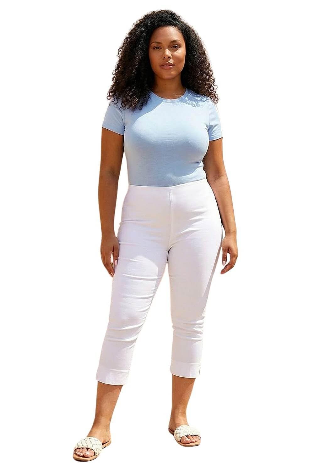 Roman Originals Women's White Roman Plus Size Cropped Trousers For Uk Curve Capri Leggings Summer Pants Short Crop Stretch 3/4 Length Three Quarter Pedal Pusher Clothes Elasticated - Size 3032