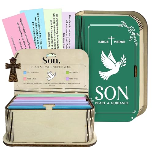 NETHOMEWOODS Bible Verse Box for Son, 150 Prayer Cards, Read Me Whenever Bible Verses With Wooden Box for Emotion & Feeling, Birthday Day Gift for Him, Inspirational Scriptures, Christian Bible Gifts