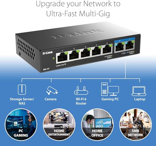 Image of D-Link 7-Port 2.5GB Unmanaged Gaming Switch with 2 x 2.5G, 5 x 10 /100 /1000 Mbps - Multi-Gig, Network, Fanless, Plug & Play (DMS-107) Black