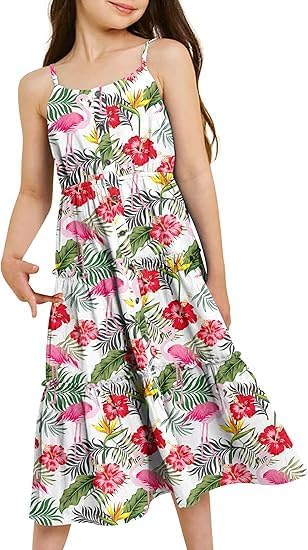 Image of Enlifety Girls Dress Hawaiian Spaghetti Straps Dresses Summer Sundress Size 6 12T