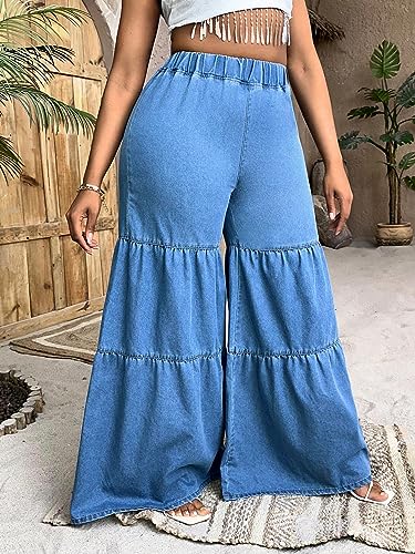 WDIRARA Women's Ruffle Trim Hem Wide Leg Elastic High Waisted Summer Denim Jean Flare Pants3