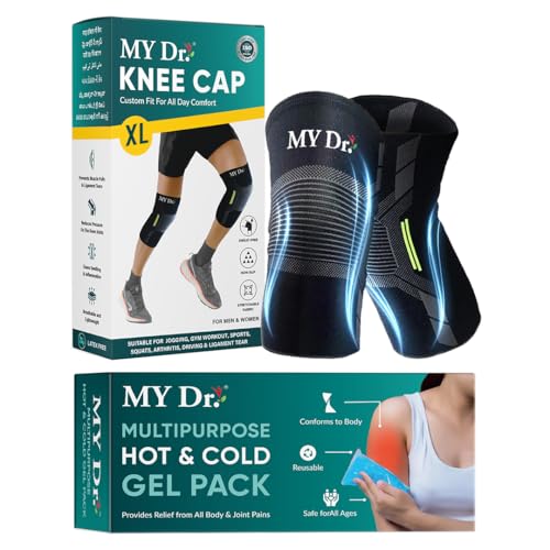 Image of MY Dr. Knee Cap (Pair) with Hot and Cold Gel Pack | Size XL | Compression Knee Support Brace for Pain Relief, Support & Stability | Ideal for Arthritis, Ligament Tear, Meniscus Injury, Injury Recovery, Driving, Jogging, Running, Gym, Workout, Squats & Sports | Breathable, Stretchable, Non-Slip, Sweat-Free, Skin-Friendly, Non-Irritating & Comfortable Fabric | Universal Fit for Men & Women