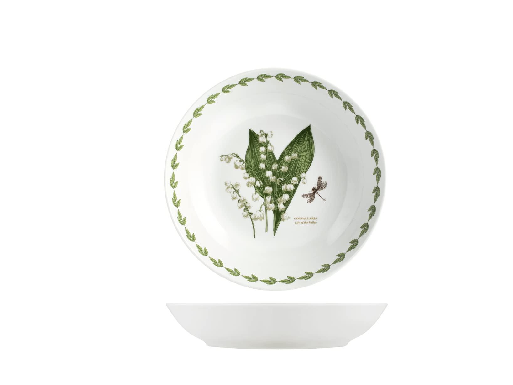 H&H Set di 6 Piatti Fondi in Porcellana, 20 cm, Bordo Decorato in Verde con Illustrazioni Botaniche Assortite, Lavabili in Lavastoviglie e Adatti al Microonde