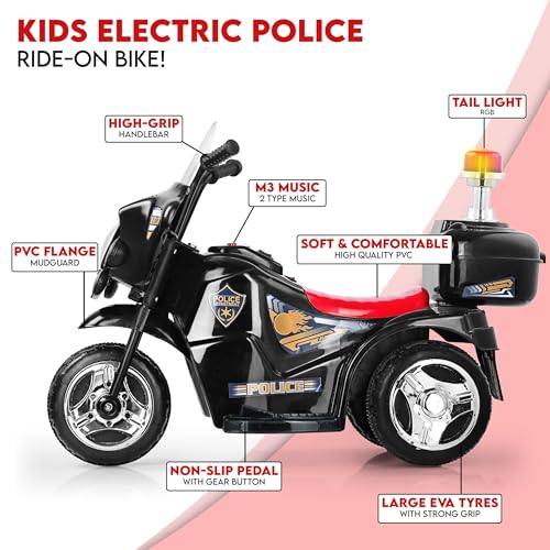 Image of BabyGo Electric Bike for Kids | Police Bike | Music | LED Lights | Storage Box | Rechargeable 6V Battery, 60+ Minutes Playtime | Ride on Bike for Boys and Girls 1-4years | Black