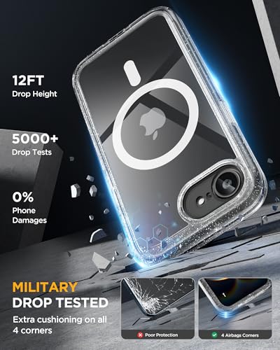 Image of Miracase for iPhone 17e Case & iPhone 16e Case, Full-Body Phone with Built-in Glass Screen Protector, [Magnetic with MagSafe] Military Drop Proof 17 E / 16 E Cover Bumper 6.1 inch, Clear Glitter