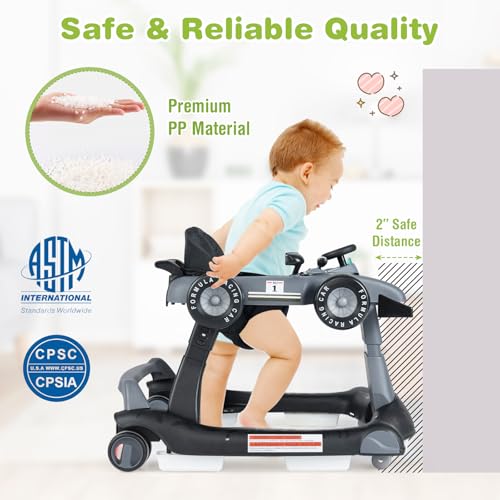 Image of GLACER Foldable Baby Walker, 4-in-1 Infant Walker with Adjustable Height & Speed, Music, Light, Steering Wheel & Washable Cushion, Baby Walker Activity Center for Boys Girls 6 -18 Months (Gray)