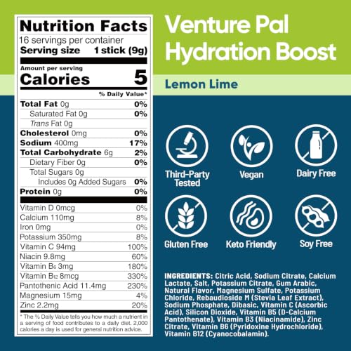 Image of Venture Pal Sugar Free Electrolyte Powder Packets, Keto Friendly, 16 Sticks | Liquid Daily IV Hydration Packets for Rapid Rehydration. 7 Electrolytes & 5 Vitamins | Vegan | Fast Dissolve
