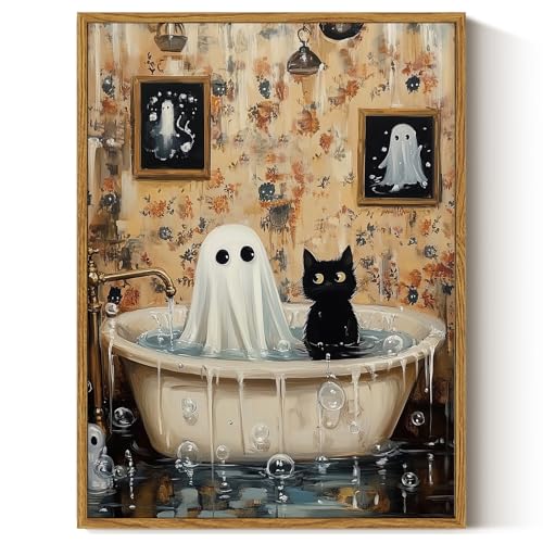 ARPEOTCY Vintage Framed Canvas Wall Art, 12x16 Inch Ghost & Cat Halloween Bathroom Wall Art, Retro Print Artwork for Living Room Gallery, Vintage Spooky Picture Home Decor Aesthetic