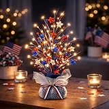 CRCZK 4th of July Table Tree Decorations with LEDs, 250 Anniversary USA Independence Day Table Centerpiece,Rustic Farmhouse Memorial Day Decorations Patriotic Decorations Red White Blue Decoration