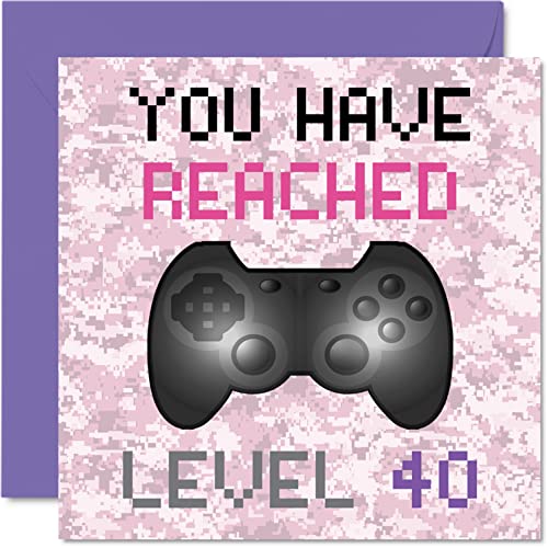Tarjeta cumpleaños 40 jugadores – You Have Reached Level 40 – Tarjetas cumpleaños mujeres, adultos 40 años cuarenta cuarenta juegos, tarjetas felicitación videojuegos, hermana, 145 mm x 145 mm