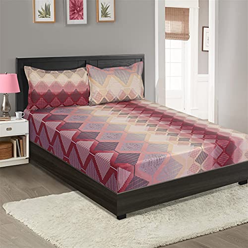 Image of Swayam Roto Cotton Double Bedsheet with 2 Pillow Covers | Size 90 x 100 inch | 144 TC | Geometric Design | Soft Breathable Bed Sheet | Comfortable & Durable for Bedroom - Red
