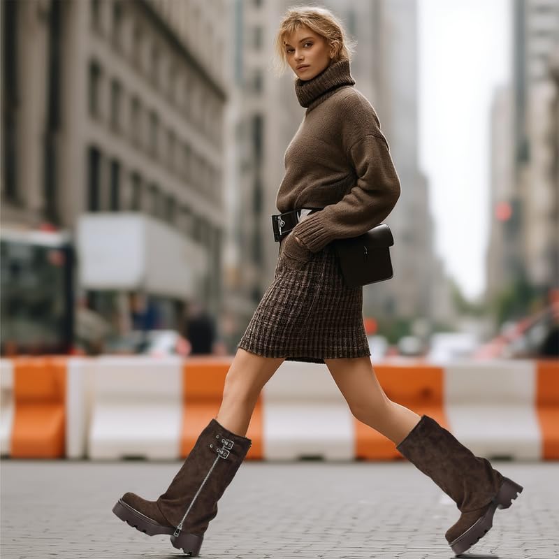 Image of MAVMAX Mid Calf Boots for Women Fold Over Zipper Buckle Riding Boot Black Wide Calf Platform Round Toe Chunky Low Heel Tall Boot Cowboy Biker Motorcycle Boots