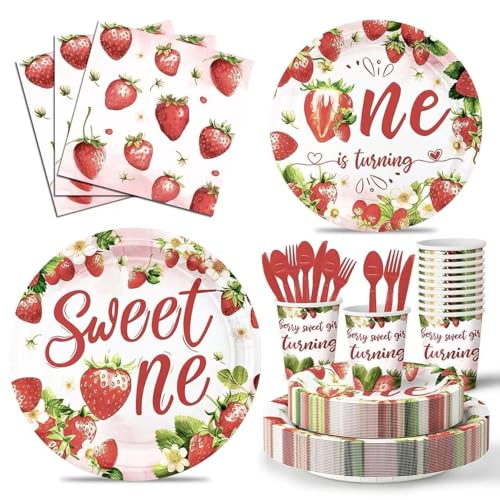 350 Pcs First Birthday Decorations for Girl, Sweet One Party Decorations, Berry 1st Birthday Decor for Baby Girls, Party Plates and Napkins Set Disposable Party Supplies Serve 50