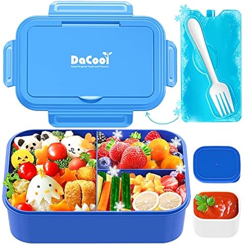 DaCool Kids Chill Lunch Box Bneto 47.5 OZ with Removable Ice Pack Lunch Box for kids with 3+1 Compartments and Fork for Meals Snacks On-the-Go, Leak-Proof, Microwave & Dishwasher Safe, BPA-Free, Blue Cover