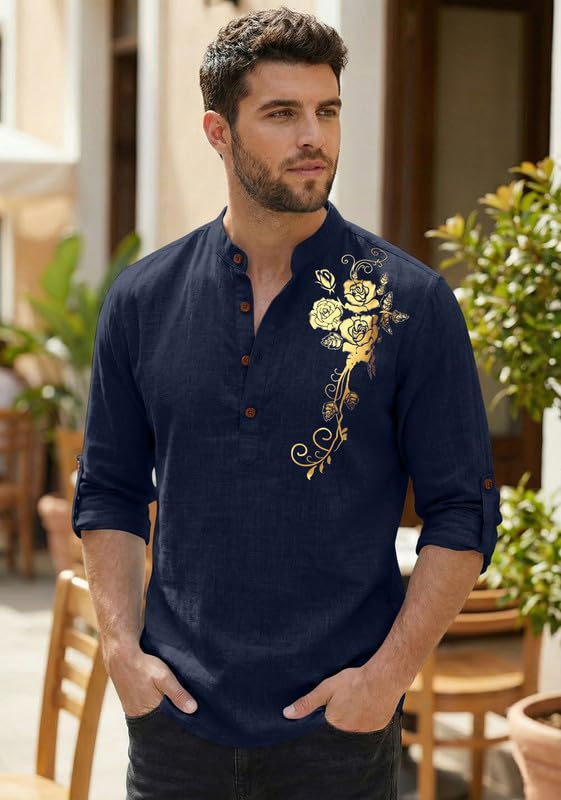 Image of Zombom Men's Cotton Polyester Blend Mandarin Collar Self One Design Printed Full Sleeve Regular Fit Casual Short Kurta