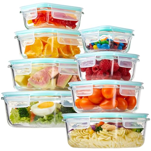 YUNCANG 8 Pack Glass Food Storage Containers with Lids, 5oz to 35oz Meal Prep Containers, Airtight Bento Boxes with Leak Proof Locking for Microwave, Oven, Freezer and Dishwasher, BPA Free